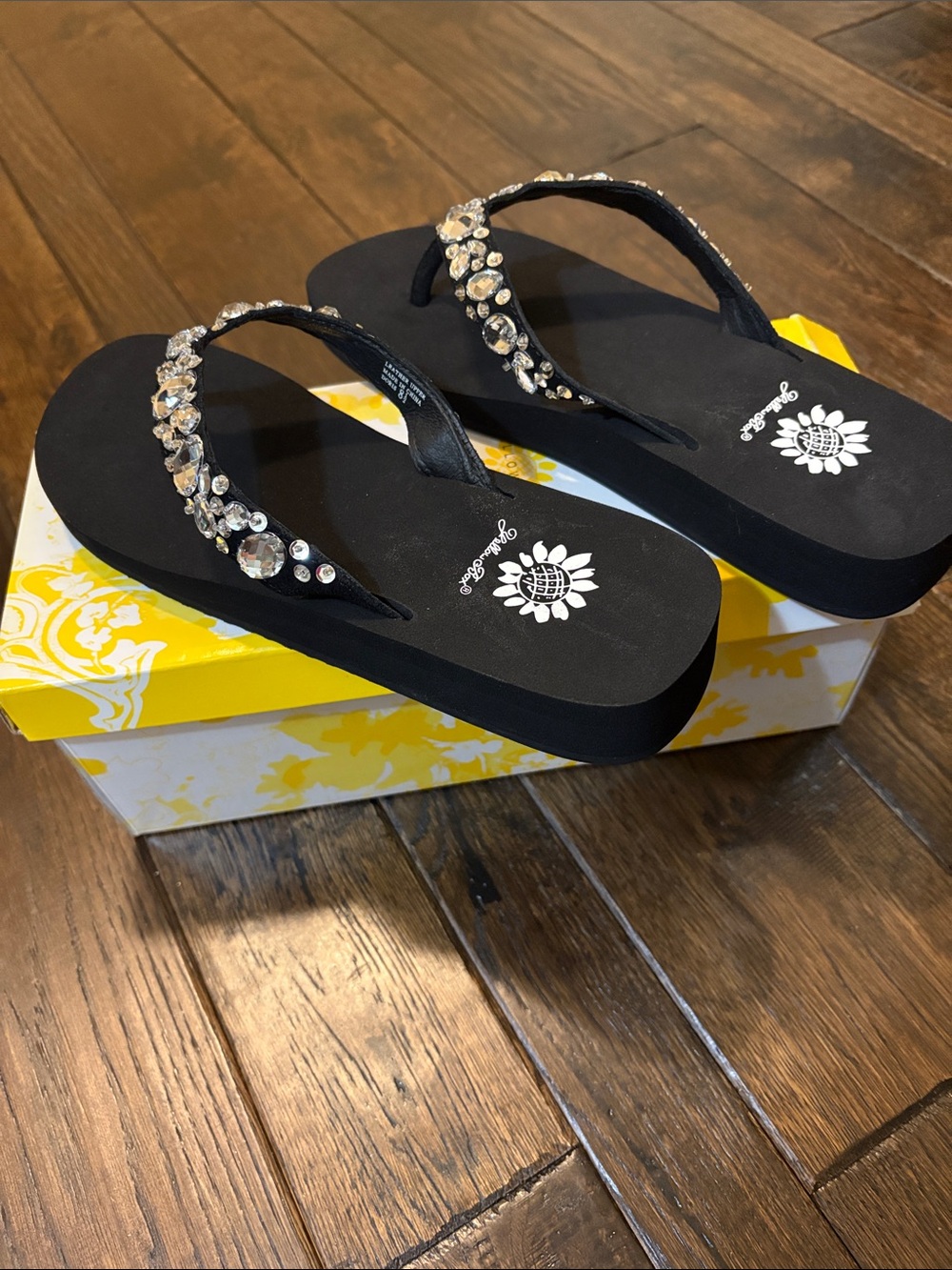 Yellow Box Black Crystal Embellished Slide Sandals